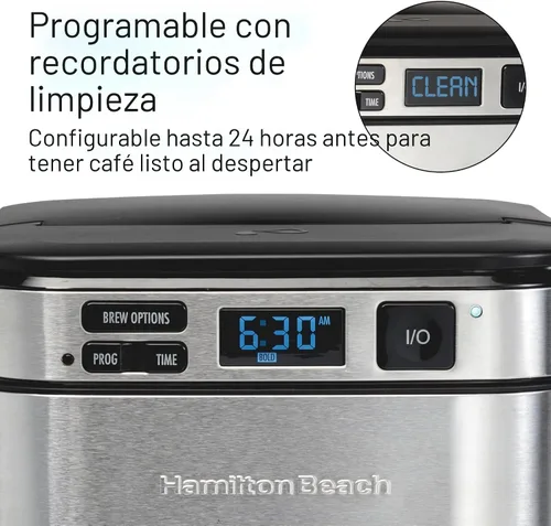 Vista 3 de Hamilton Beach Cafetera programable de 12 tazas, Cafetera de filtro FrontFill Regular & Bold Brew Options Auto Pause and Pour Glass Carafe