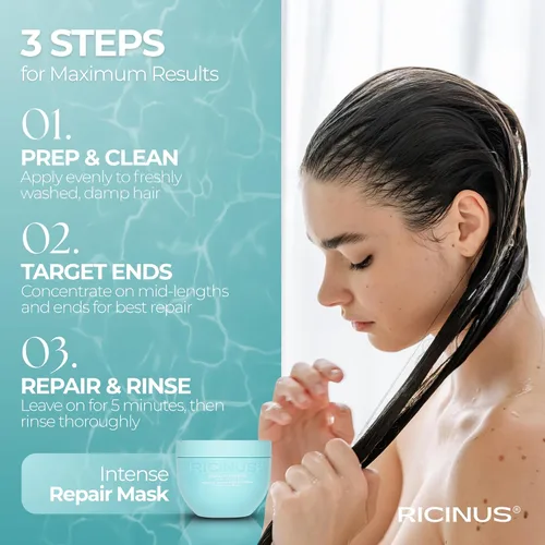 Vista 2 de Mascarilla capilar con aceite de ricino para cabello dañado, 10 onzas líquidas, antirotura, acondicionador profundo, enriquecida con extracto