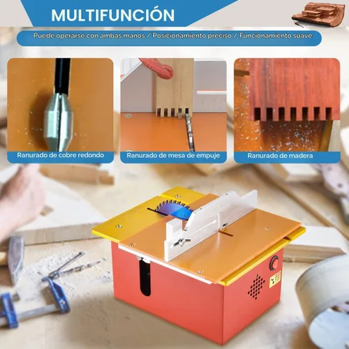 Vista 5 de Mini sierra de mesa de precisión de 360 W, sierras de mesa T60 Hobby para pequeñas manualidades de carpintería, profundidad de corte ajustable