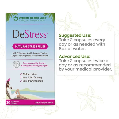 Vista 6 de DeStress Cápsulas totalmente naturales, sin somnolencia con vitaminas B, magnesio, Ashwagandha y L-teanina, 30 cápsulas vegetales - Organic Health