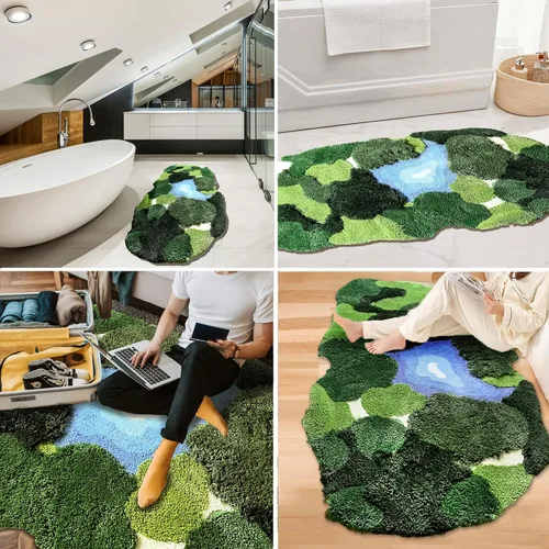 Vista 8 de Alfombra de Musgo 3D de 20x35 Pulgadas, Alfombra Shag de Área de Hojas Alfombras de Baño Antideslizantes Tapete de Baño Alfombra Mechada, Ultra