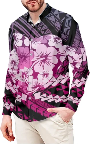 Vista 11 de Camisa polinesia con botones para hombre, Aloha Samoan, patrón tradicional, manga larga, camisa hawaiana para hombre, talla grande, casual
