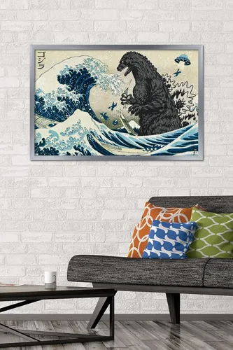 Vista 2 de Trends International Godzilla - Póster de pared Great Wave (34 pulgadas de largo x 22.4 pulgadas, versión enmarcada plateada)