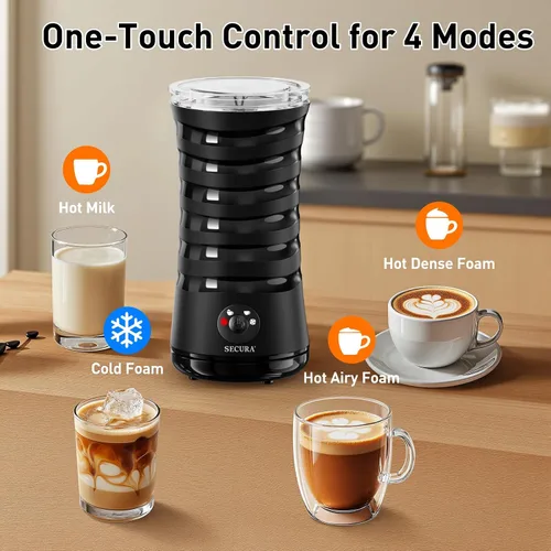 Vista 2 de Espumador de leche eléctrico Secura, vaporizador automático de leche, máquina de espuma caliente y fría 4-EN-1 - 8.4oz/240ml calentador de leche