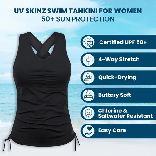 Vista 2 de UV Skinz Tankini de natación para mujer, protección solar FPU 50+, modesta camiseta sin mangas, parte superior de traje de baño, parte superior