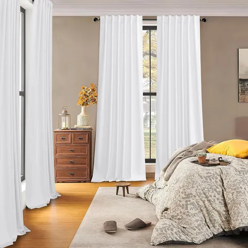 Vista 2 de RYB HOME Cortinas 100% opacas de terciopelo blanco para dormitorio, pestaña trasera y bolsillo para barra, aislamiento térmico, cortinas