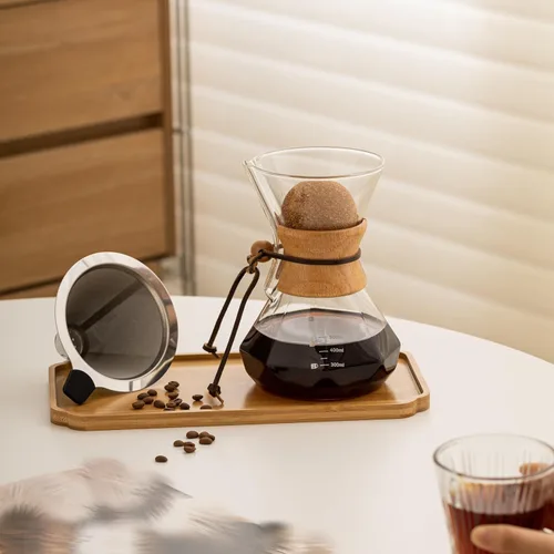 Vista 4 de Cafetera de Goteo con Funda de Madera, Cafetera de Goteo de 13.5oz/400ml, Juego de Cafetera de Goteo con Tapón de Corcho (13.5oz/400ml)
