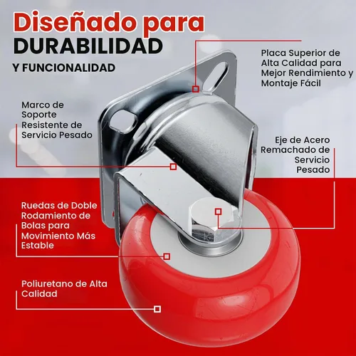 Vista 4 de Paquete de 4 ruedas giratorias sobre ruedas de poliuretano rojo (2 pulgadas sin freno)