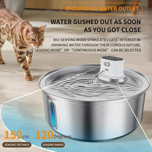 Vista 5 de Fuente de agua inalámbrica para gatos de acero inoxidable, fuente para gatos de 270 oz/8 L, funciona con pilas, fuente de agua inalámbrica