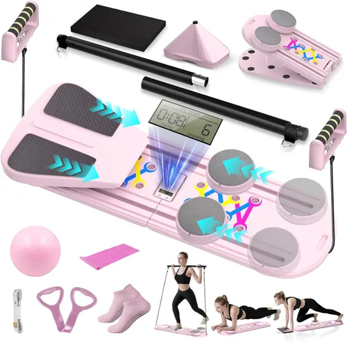 Vista 10 de Tabla de Pilates, Juego de Reformador de Pilates Plegable para Entrenamiento en Casa con Temporizador, Equipo de Pilates Reformador Portátil