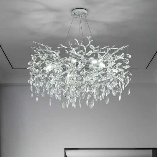 Vista 20 de Candelabro rectangular con ramas de árbol de cristal, L40 pulgadas, Mpdern de lujo cromado lineal Art Deco con forma de gota de lluvia para cocina