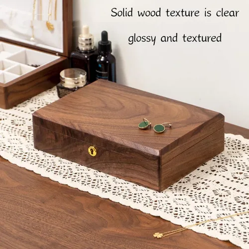 Vista 2 de Bescott Joyero de madera de nogal negro sólido de 2 capas para mujeres con cerradura y llave, organizador vintage de madera para hombres, aretes