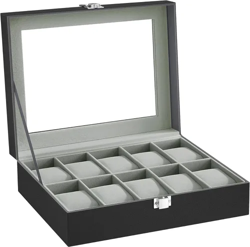 Vista 8 de SONGMICS Caja de reloj, caja de reloj de 10 ranuras con tapa de vidrio grande, almohadas extraíbles para reloj, organizador de caja de reloj, regalo