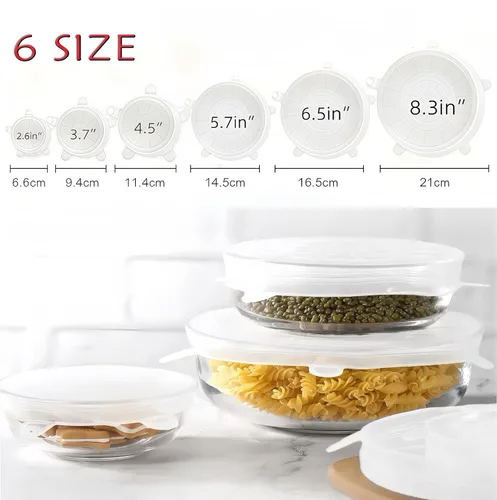 Vista 4 de Tapas elásticas reutilizables de silicona para almacenamiento de alimentos en el refrigerador, cubiertas redondas de silicona flexibles para tazones