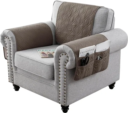Vista 14 de Juego de 3 fundas impermeables para sofá reclinable, funda para reposabrazos y reposacabezas con 6 bolsillos de almacenamiento, protector acolchado