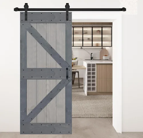 Vista 11 de Serie K - Puerta corrediza de granero de madera maciza con acabado marrón/nogal de 38 x 84 pulgadas con kit de herrajes (requiere montaje)