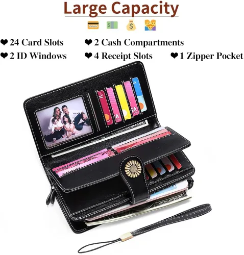 Vista 3 de SENDEFN - Billeteras de cuero genuino para mujer con tarjetero y bloqueo RFID, de gran capacidad y con correa para la muñeca