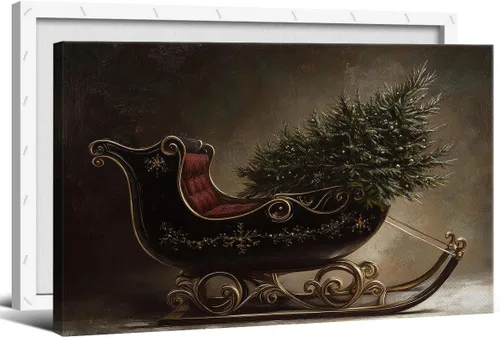 Vista 8 de Arte de pared en lona de árbol de Navidad y pino, póster rústico iluminado de abeto nevado, decoración de pared de vacaciones de invierno antigua