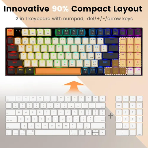 Vista 3 de Redragon Teclado mecánico inalámbrico para juegos, triple modo 2.4GUSB-CBluetooth, retroiluminación RGB, programable, almohadilla numérica