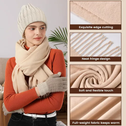 Vista 4 de Conjunto de gorro de invierno para mujer + bufanda larga + guantes para pantalla táctil, conjunto de ropa cálida con forro polar de punto