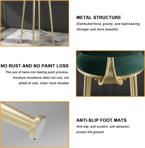 Vista 4 de Taburetes de bar de terciopelo modernos con respaldo y patas de metal dorado, cómodas sillas de bar altas tapizadas para cocina, isla de desayuno