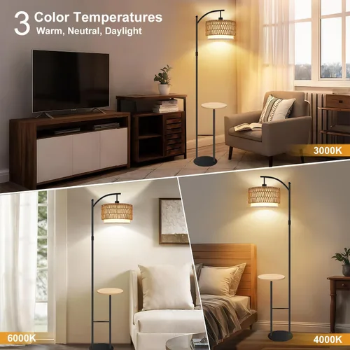 Vista 2 de Lámpara de pie de arco con mesa, lámparas de pie de ratán boho para sala de estar con control remoto regulable 3 temperaturas de color, lámpara