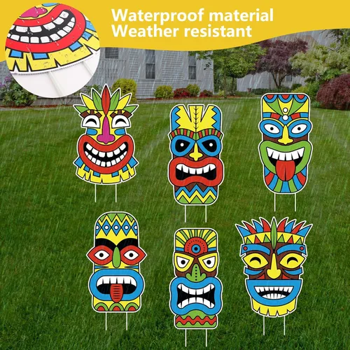 Vista 4 de Letreros grandes de Luau Tiki para patio, 6 piezas con estacas para exteriores, césped, playa, arena, decoraciones de fiesta de verano con temática