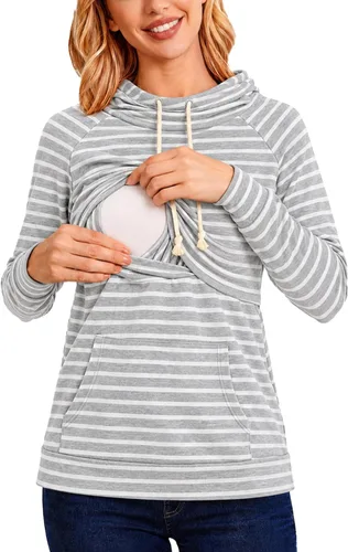 Vista 12 de Liu & Qu - Sudadera con capucha para lactancia de mujer, manga larga, con bolsillo, ropa casual 1.gris