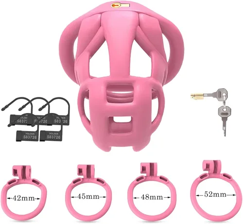 Vista 4 de Nueva jaula de castidad 3.0 dispositivo de castidad masculina con 4 anillos de resina, jaula de castidad rosa, jaula de castidad ligera para hombre