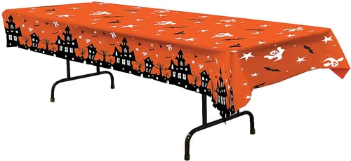 Vista 8 de Beistle Mantel de casa embrujada, 54 x 108 pulgadas, 2 piezas, mantel de plástico, mantel rectangular, mantel de Halloween, mantel de vacaciones