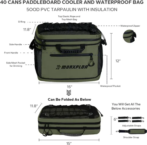 Vista 3 de MORXPLOR Bolsa impermeable de PVC para cubierta de paddleboard, 40 latas Sup Deck Cooler Bag,Bolsa enfriadora para paddleboard,Bolsa térmica