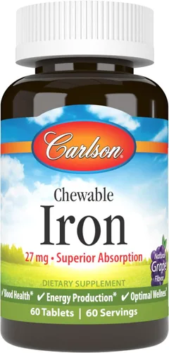 Vista 11 de Carlson Hierro masticable, 27 mg, absorción superior, 30 comprimidos masticables Uva; Producción de energía; Bienestar óptimo