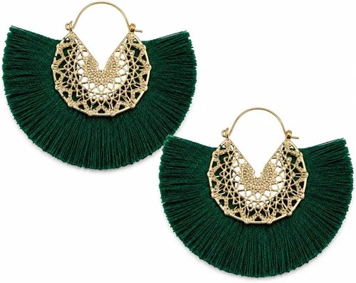 Vista 32 de Aretes de aro con borla, aretes colgantes de hilo de declaración, elegantes aretes largos con flecos, ligeros, largos y con gancho francés, para un