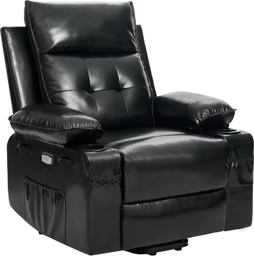 Vista 3 de Silla reclinable eléctrica para personas mayores con masaje y calor, piel sintética, reclinable eléctrico con puertos USB, portavasos, bolsillos