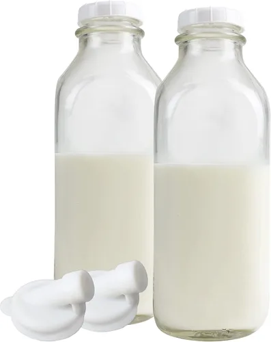 Vista 7 de The Dairy Shoppe Botella de leche de vidrio pesado, jarra con tapa y boquilla de silicona para verter, recipiente de leche transparente