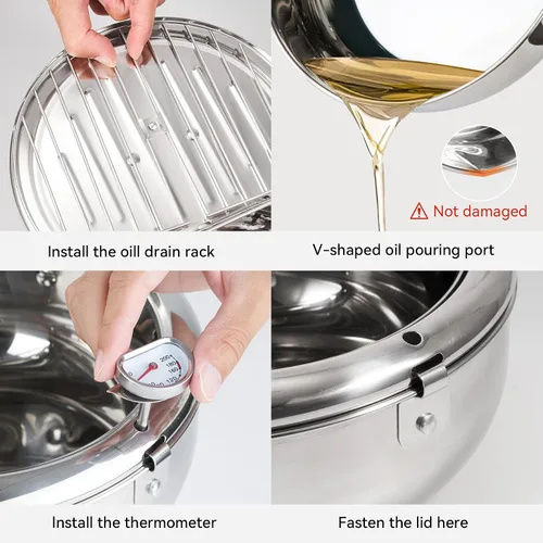 Vista 2 de Kerilyn Olla Freidora Profunda, 9.4 Pulgadas/3.4 L Olla de Freír Tempura de Estilo Japonés con Tapa, Acero Inoxidable 304 con Control de Temperatura