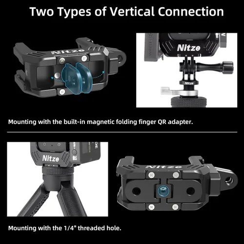 Vista 3 de Nitze Media jaula para Insta360 X3, con agujeros roscados de 1/4" y agujeros de ubicación, zapatas frías dobles y adaptadores de dedo plegables