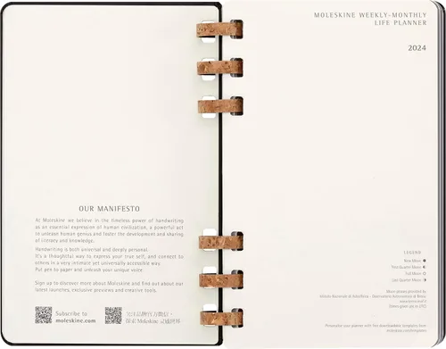 Vista 4 de Moleskine Agenda solar con espiral para año 2024 de 12 meses, tapa dura, grande (5 x 8.25 pulgadas), color negro
