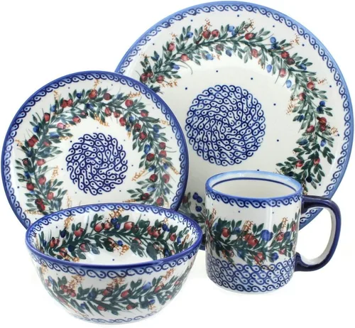 Vista 3 de Blue Rose Polish Pottery - Juego de vajilla de 16 piezas de piña marrón, 4 lugares, juego de vajilla de cerámica, regalo único de Navidad y vajilla