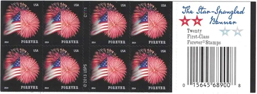 Vista 2 de Folleto USPS de 20 sellos Forever con bandera de los Estados Unidos (fuegos artificiales)