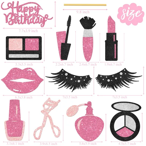 Vista 6 de 12 piezas de centro de mesa de maquillaje con purpurina, para spa, maquillaje, decoraciones de fiesta de cumpleaños para mesa, cosméticos, lápiz
