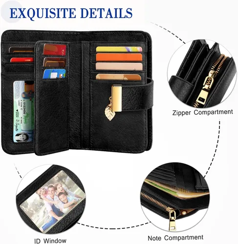 Vista 4 de Cartera pequeña con bloqueo RFID para mujer, de cuero, compacta, plegable, con 18 ranuras para tarjetas, con bolsillo para monedas, Negro