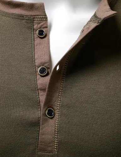 Vista 2 de LucMatton Camiseta de manga larga para hombre, ajuste entallado, elástica, estilo Henley, casual, con solapa de 3 botones
