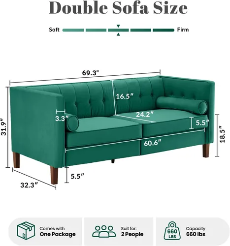 Vista 2 de Dreamsir Sofá de Terciopelo de 58'' de Ancho, Sofá Loveseat de Mediados de Siglo con Almohadas Cilíndricas, Sofá Capitoné con Botones para Sala