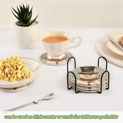 Vista 6 de 6 posavasos absorbentes de muñeco de nieve para protección de mesa, hechos a mano, redondos, tejidos con soporte y resistentes al calor, resistentes