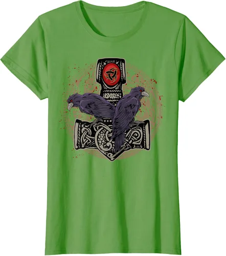 Vista 3 de Thors Hammer Mjolnir Huginn and Muninn Odin Raven - Camiseta, Negro, S