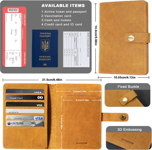 Vista 2 de Funda de cuero de grano completo para pasaporte para hombres y mujeres, cartera de pasaporte y tarjetero de vacuna, funda para pasaporte, cartera