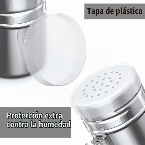 Vista 4 de CUSINIUM - Salero y piminero de acero inoxidable de 6 oz - Con tapa de plástico - Con asa