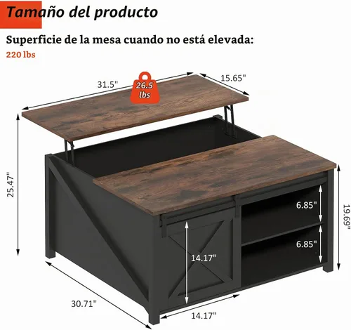 Vista 3 de PUKAMI Mesa de centro elevable con almacenamiento, mesa de centro de granja de 31.5 pulgadas para sala de estar, mesas de centro cuadradas con gran