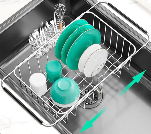 Vista 9 de Escurridor de platos grande para fregadero, escurridor de platos de metal de acero inoxidable 304 expandible con soporte para utensilios de acero